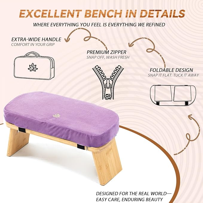 Meditation Bench, Bamboo Meditation Stool, Folding Kneeling Meditation Bench, Seiza Prayer Bench, Prayer Bench with Meditation Cushion, Kneeling Stool(Purple-Bag)