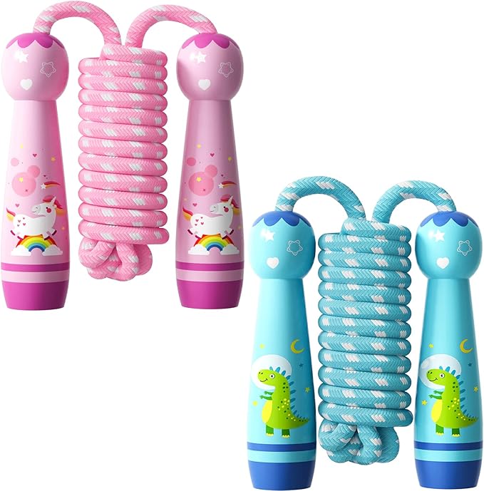 Jump Rope for Kids-Adjustable Cotton Braided Skipping Rope with Wooden Handle for Toddler Fitness Workout Exercise Outdoor Activity
