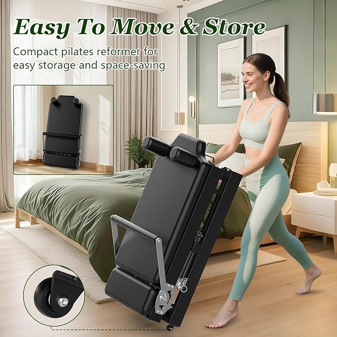 Pilates Reformer, Foldable Reformer Pilates Machine with Adjustable Reformer Heights, Up to 440 LBS Weight Capacity Suitable for Home Use and Studio, Advanced and Beginners Users