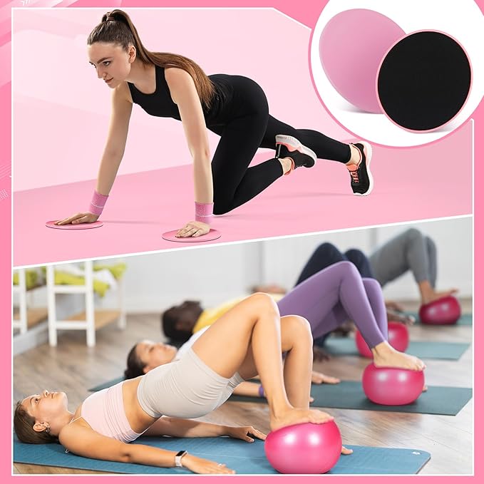 Poen 18 Pcs Home Pilates Ball and Ring Circle Set Yoga Fitness Essentials Kit with 5 Resistance Band Stretching Strap Non Slip Sock Ball Core Slider Wristband Headband Gym Bag for Women