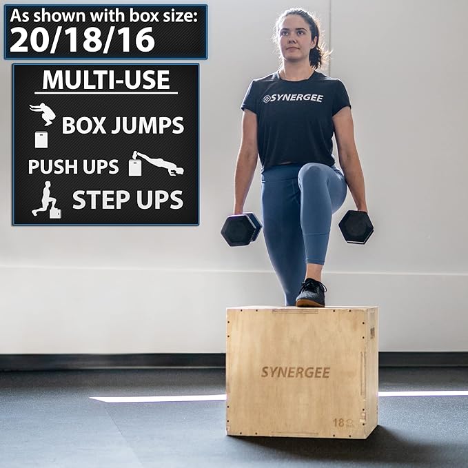 Synergee 3 in 1 Wood Plyometric Box for Jump Training and Conditioning. All in One Jump Trainer. Sizes 30/24/20, 24/20/16, 20/18/16, 16/14/12