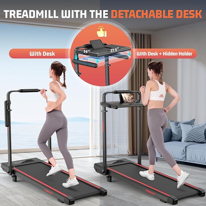 Walking Pad Treadmill with Desk Workstation, 15% Incline Treadmill with Handle Bar, Foldable Treadmills Under Desk for Home/Office, 400 lbs+ Capacity, Adjustable Height, Removable Desk, 3.5HP Motor