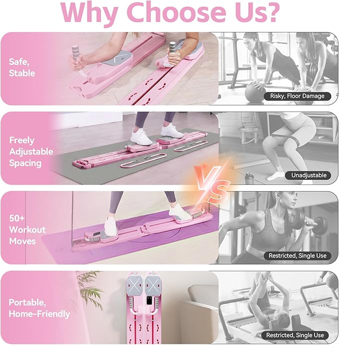 Pilates Reformer Machine Slider Multifunctional Board Fitness Floor Pilates Kit Portable Yoga Foldable Mini Table Set for Home Workout Women Pink Purple