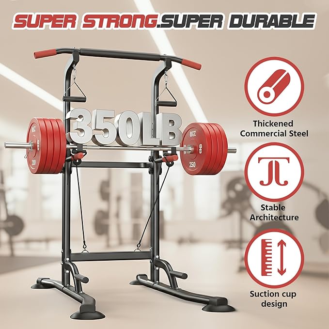 Power Tower Pull Up Bar Free standing with Resistance Bands, 350LBS Heavy Duty Alloy Steel Dip Station for Home Gym Strength Training, Adjustable Height Workout Equipment
