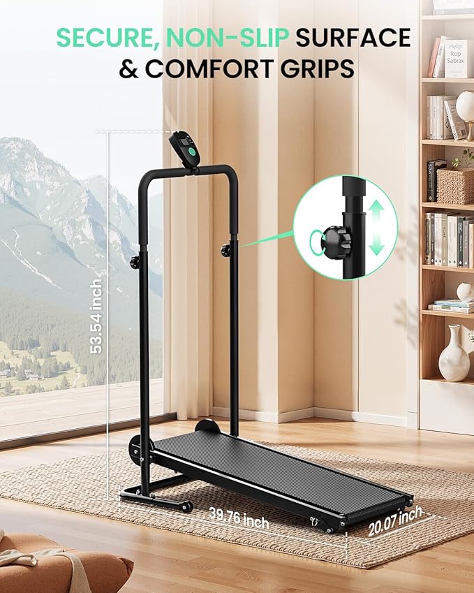 Non-Electric Treadmill with Dual Flywheel & Fixed Incline - Motorless Treadmill with LCD Monitor, Non-Slip Belt, Compact Foldable Design for Small Home/Gym Use, Soft Foam Grips for Walking/Jogging