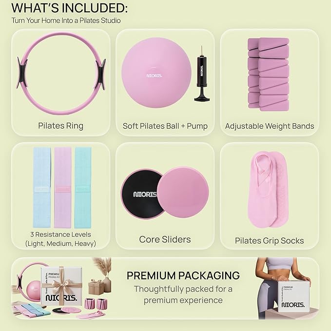 Essential Pilates Equipment Kit – Complete Home Workout Set with Pilates Ring, Pilates Ball, Resistance Bands, Ankle Weights, Sliding Discs & Grip Socks – Guided Full Body Workout Video