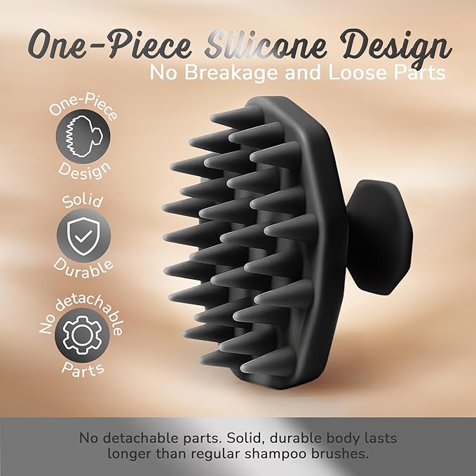 Scalp Massager Shampoo Brush – Silicone Scalp Scrubber for Hair Growth & Dandruff Removal, One-Piece, Non-Slip Handle, Soft Bristles, Wet/Dry Shower Scalp Exfoliator for All Hair Types – Black