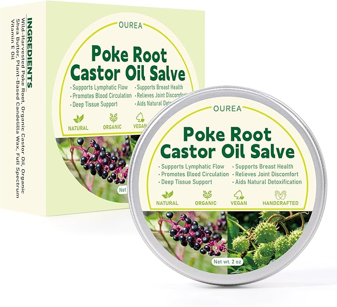 Poke Root Castor Oil Salve, Organic Lymphatic Support Massage Balm, Deep Tissue Ointment for Cyst, Boils, Breast, Fibroids, Swollen Lymph Nodes & Joint, Natural, Vegan - 2 Oz