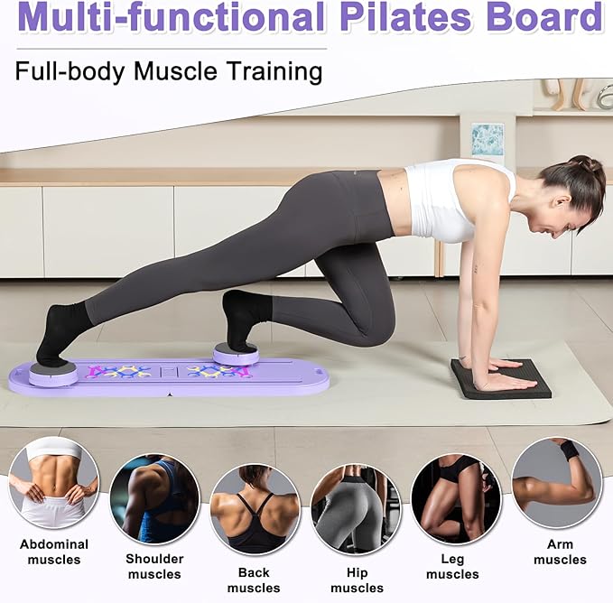 Pilates Board, Foldable Pilates Reformer, Multi-Purpose Pilates Board for Home Workout, Portable Pilates Equipment for Full Body Workout, Fitness, Exercise, Violet Grey
