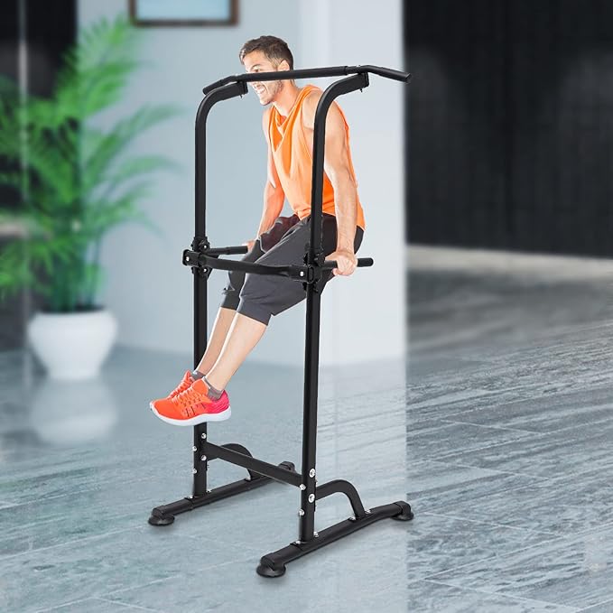 Parallel Bars Power Tower Adjustable Dip Station Pull Up Bar Push Up for Home Gym Strength Training Body Building Workout Equipment Standing Pull Up Pillar Impregnation Station, Black