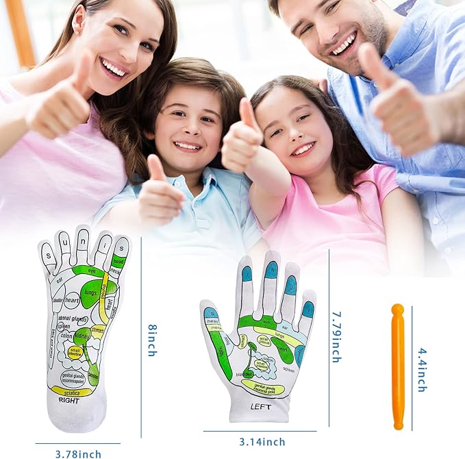 4PCS Reflexology Socks and Gloves Tool Set, Hand Spa and Foot Massage With Rod for Women and Men Tired Relieve