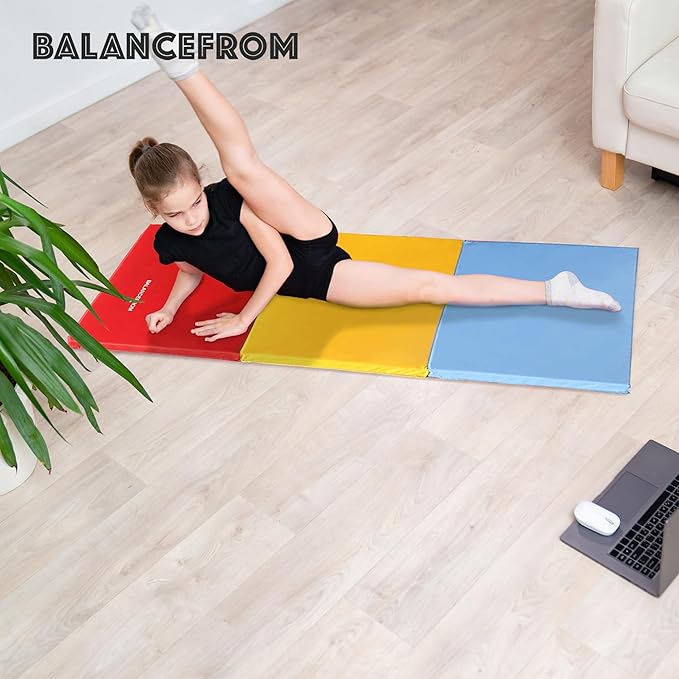 BalanceFrom 6x2 Feet 3-Panel Folding Gymnastics Mat – 2-Inch Thick Pad with Vinyl Surface and Carrying Handles for Tumbling, Yoga, Pilates, Home Workouts, and Martial Arts