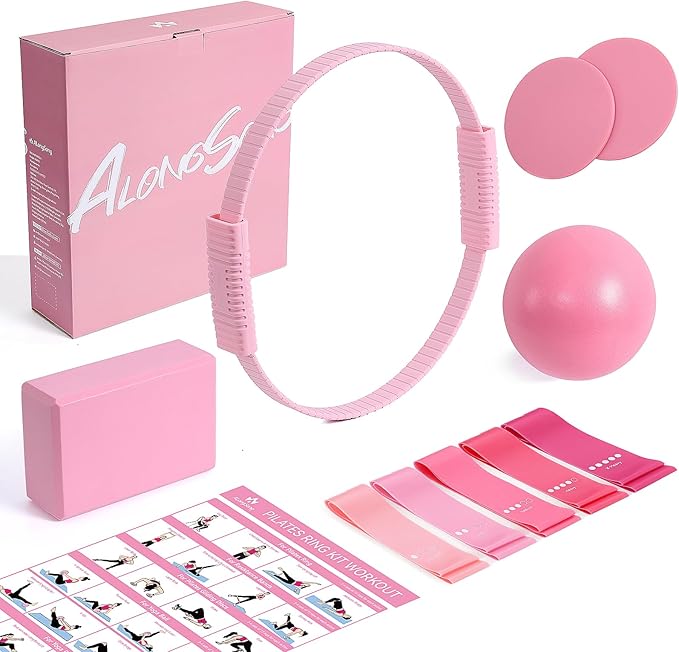 Pilates Kit for Women, 13.7in Silicone Pilates Ring with 5 Resistance Bands, 1 Yoga Ball, 1 Yoga Block, 2 Core Sliders, Video Guide for Full Body Home Workouts