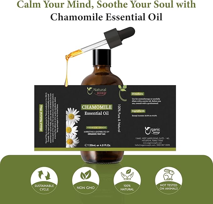 Chamomile Essential Oil | Pure Aromatherapy Oil for Diffusers, Hair Growth, Skin, Scalp Care, Massage | Refreshing Hair Oil for Women & Men | Natural Essential Oil for Diffuser | 4 Fl Oz (120 mL)