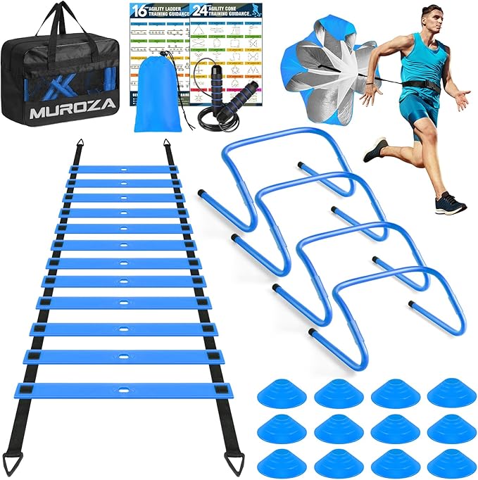Agility Ladder, Agility Speed Training Equipment Set, 20ft Speed Ladder, 12 Soccer Cones, 4 Hurdles, Jump Rope, Running Parachute, Soccer Football Basketball Training Equipment Accessories