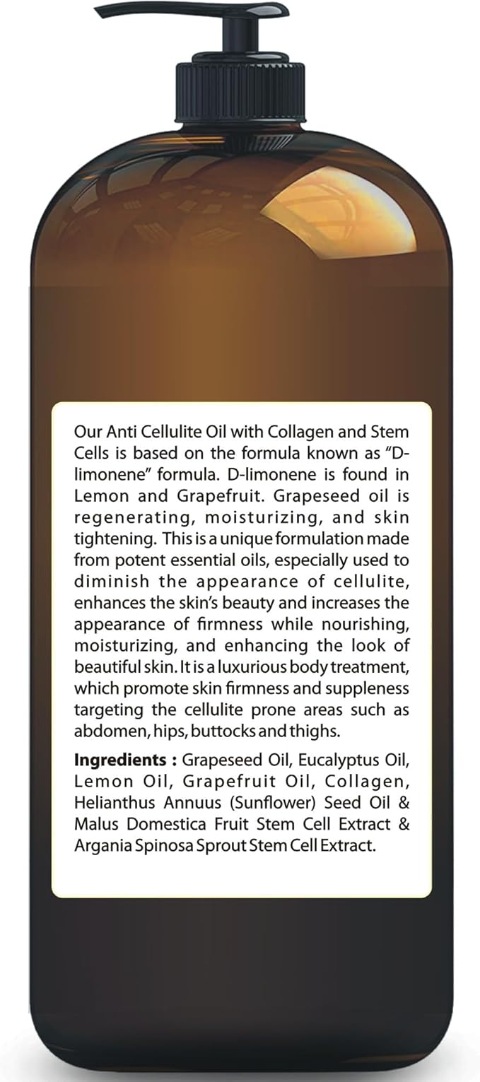 First Botany, Anti-Cellulite Massage Oil Infused with Collagen & Stem Cells - Natural Cellulite & Stretch Mark Treatment for Men & Women - 8 oz