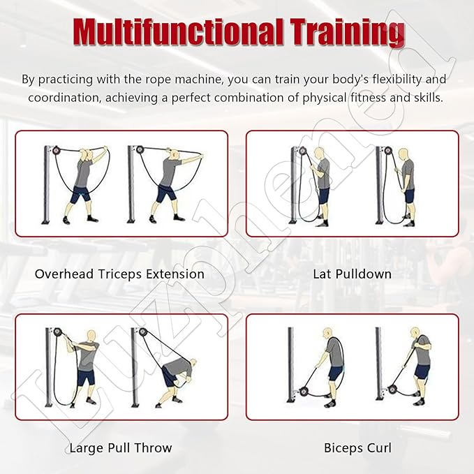 Endless Rope Trainer, Portable Cable Pulley System, Adjustable Tricep Rope Attachment with 330lb Load Capacity, 30kg Max Resistance for Full Body Workout & Strength Training Red