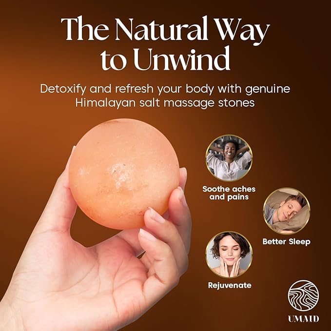 UMAID Himalayan Salt Massage Balls 6-Pack with Cotton Mesh Bag, Natural Therapy Stones for Hot & Cold Muscle Relief, Relaxation & Spa Massage, Warm in Microwave or Chill in Freezer