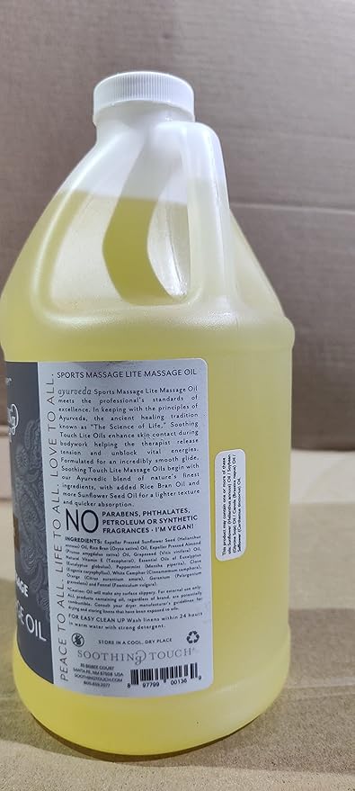 Soothing Touch Sports Massage Lite Oil, 1 Gallon, Deep Penetration, Quick Absorption, Peppermint, Eucalyptus, Clove, Relieve Tension and Muscle Pain, Leaves No Residue, Soft, Moisturized Skin