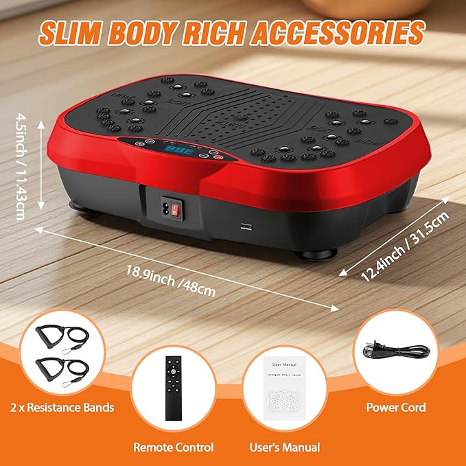 ALSO GO Vibration Plate Exercise Machine, 10 Modes & 200-Level Vibration Platform for Weight Loss/Lymphatic Drainage, 400lbs Vibration Board with Music and Resistance Bands for Full Body Workout, Red