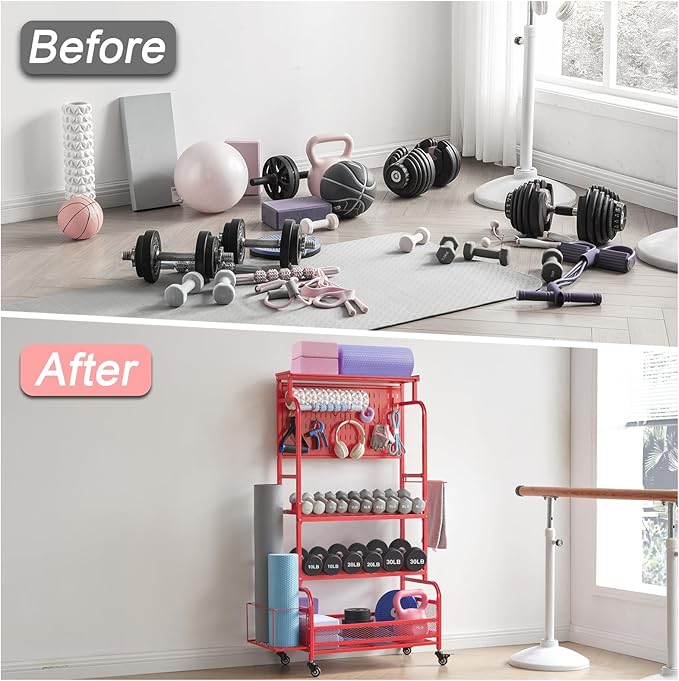 56'' Taller Home Gym Storage Organizer, Yoga Mat Storage Rack with Hanging Board, Exercise Workout Equipment Storage Stand for Home Gym, Dumbbell Holder Kettlebell Rack with Wheels and Hooks