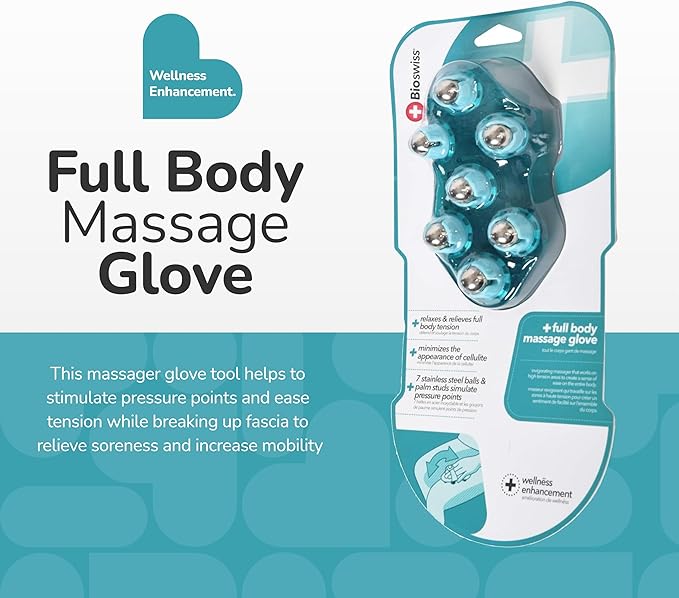 BioSwiss Massage Glove with Steel Roller Balls, Handheld Full Body Massager for Back, Neck, Shoulders, and Legs