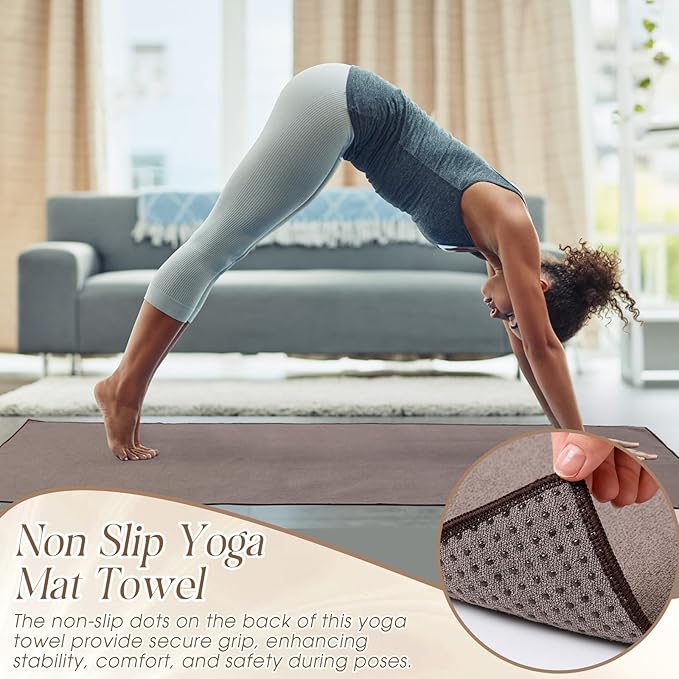 3 Pack Hot Yoga Towel Non Slip 72" x 26" Extra Large Microfiber Yoga Mat Towel with Grip Dot Absorbent Sweat Anti-Slip Mat Cover for Pilates Fitness(Beige Dark Gray Coffee)