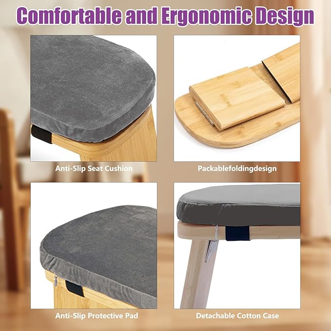 Meditation Bench, Portable Bamboo Meditation Stool, Folding Kneeling Meditation Bench, Anterior Tilt Bench, Prayer Bench with Meditation Chair with Thick Cushion, Kneeling Stool