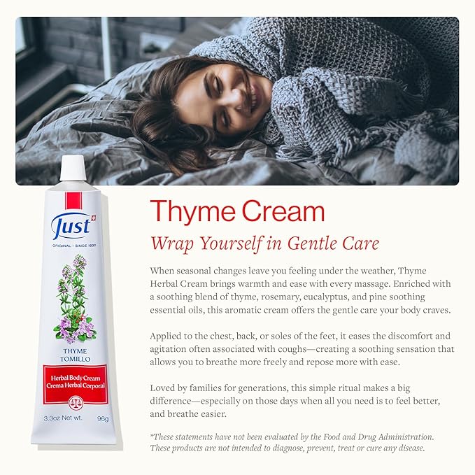 SwissJust Thyme Cream, Thyme Tomillo 96g. Massage Cream with Camphor Oil, Lemon Eucalyptus Chamomile Essential, Rosemary, Soybean, and Pine Essential Oils.
