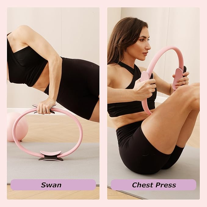 Pilates Ring Set, 15" Pilates Ring, Mini Ball, 3 Resistance Bands & Pump Kit, Home Workout Kit for Toning Arms, Thighs & Core