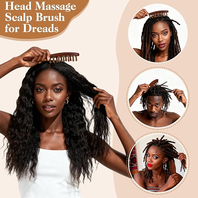 3 Pack Wooden Scalp Massager Tool Loc Combs,Long Handle Head Massage Scalp Loc Brush for Dreads,Multifunctional Hair Massager Tool for Men & Women