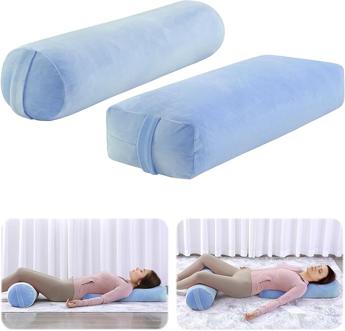 ROYALAY 2 Pcs Yoga Bolster Pillow for Restorative Yoga, Rectangular and Cylinder Meditation Pillow Set with Carrying Handles, Supportive Cushion for Exercise Workout Stretching Meditation,Sky Blue