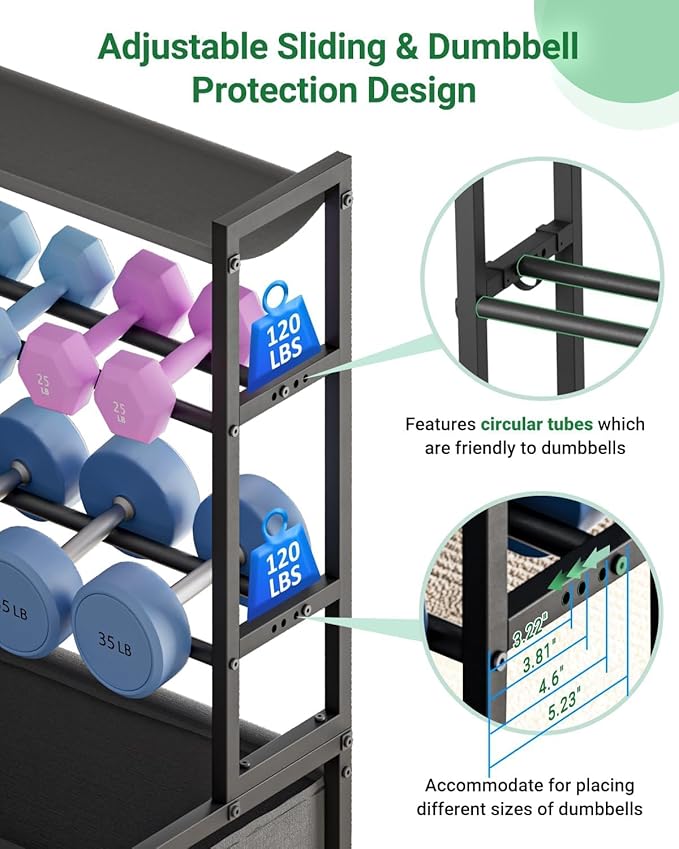 Dumbbell Rack, Adjustable 4-Tier Weight Rack Movable, Home Gym Organizer Up to 405 lb with Lockable Casters & Hooks, Workout Equipment Storage for Dumbbells, Kettlebells, Yoga Mats & Balls