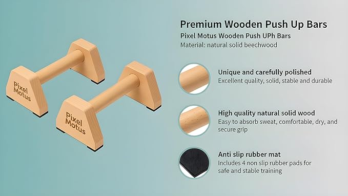 Wooden Push Up Bars – Solid Beechwood Parallettes with Ergonomic Wrist-Friendly Handles, Non-Slip Rubber Feet, Heavy-Duty Home Workout Bars for Calisthenics, Strength Training & Dips