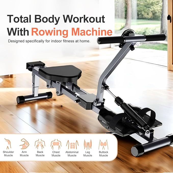 Rowing Machines for Home Foldable,Indoor Fitness Hydraulic Rowing Machine,300LBS Weight Capacity with 12 Levels of Adjustable Resistance,LCD Display for Real-time Recording,Dual Tracks for Quieter