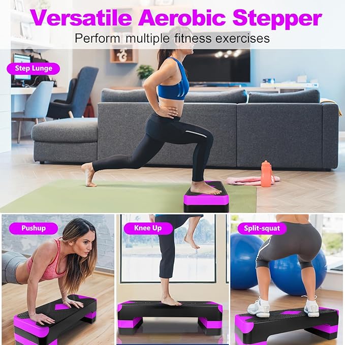 Exercise Workout Aerobic Step Platform Trainer, 27" Aerobic Stepper with 4"-6"-8" Adjustable Height Risers (Purple)