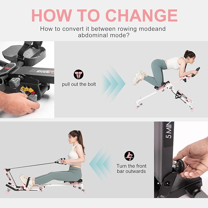 Tousains 3 in 1 Foldable Rowing Machine, AB Machine with 3 Level Angle & Led Monitor, Multi-Functional Rower Fitness Equipment Home Gym Full Body Fitness Machine