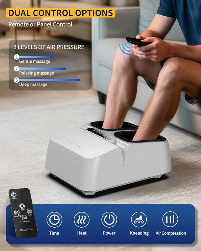 MOUNTRAX Foot Massager Machine with Heat, Foot Massager for Plantar Fasciitis, Neuropathy Pain, Shiatsu Foot Massager with Remote, Fits Feet Up to Men Size 13 (White)