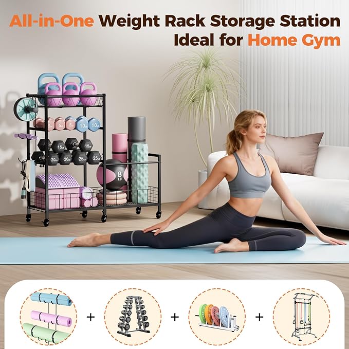 HavenlyYouth Dumbbell Rack, Home Gym Weight Rack Storage, Adjustable Dumbbell Stand Organizer with Wheels, Holds Dumbbells, Kettlebells, Yoga Mats