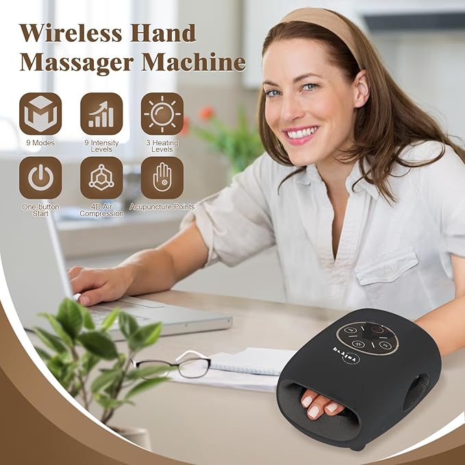 Hand Massager, 9 Modes 9 Intensities Hand Massage, Cordless Hand Massager for Arthritis and Carpal Tunnel, Gift for Men Women Parents Relaxation at Office,Dark Black