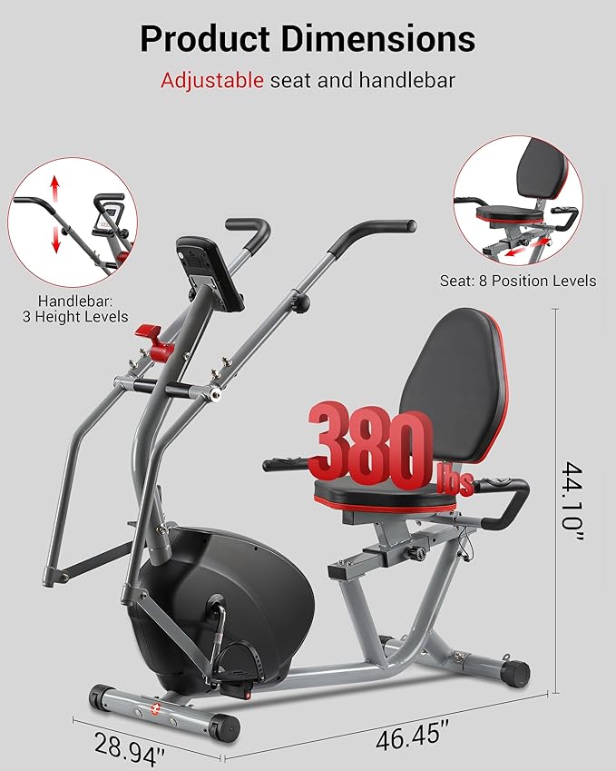 ECHANFIT Recumbent Exercise Bike with Arm Exerciser for Home - Elliptical Recumbent Cross Trainer with Backlit Display, Pulse Sensor, 8-Level Magnetic Resistance, 380LBS Weight Capacity