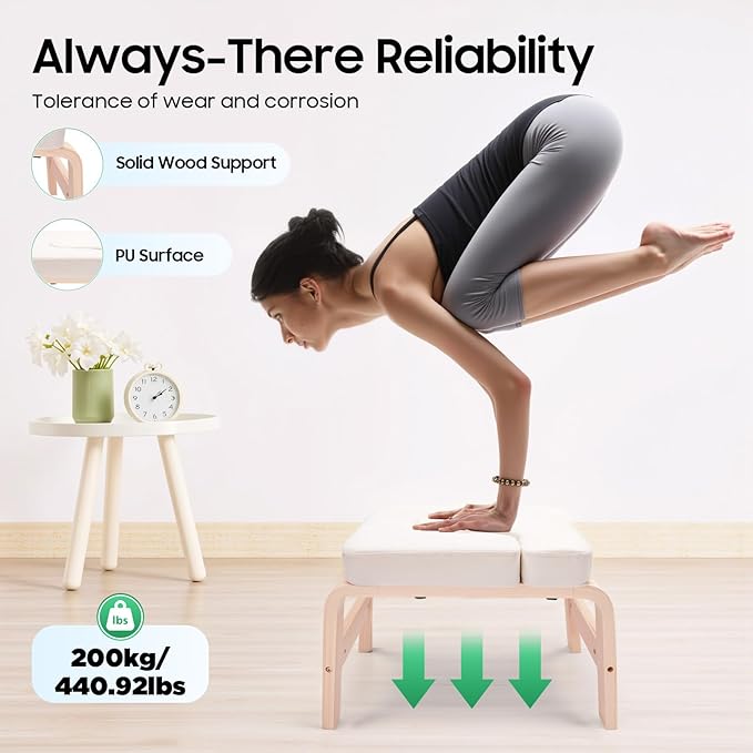 Yoga Headstand Stool, Solid Wood Yoga Inversion Bench with Detachable T-Shaped Block, Meditation Benches with Sponge Seat, for Yoga, Waist, Leg Exercises