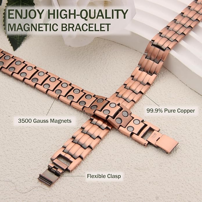 MagEnergy Mens Copper Magnetic Bracelets, 99.9% Pure Copper Bracelet with Double-Row Strength Magnets, Adjustable Jewelry with Sizing Tool