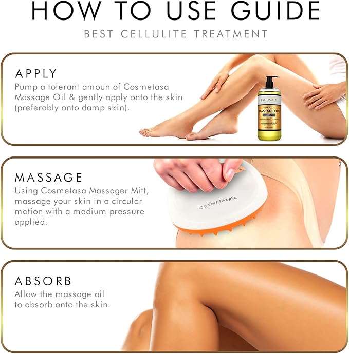 Cellulite Massage Oil with Massager Mitt - 100% Natural Cellulite Oil, Highly Absorbable and Deeply Penetrates Skin- Firms, Tones, Tightens & Moisturizes Skin By Cosmetasa 16.9 oz
