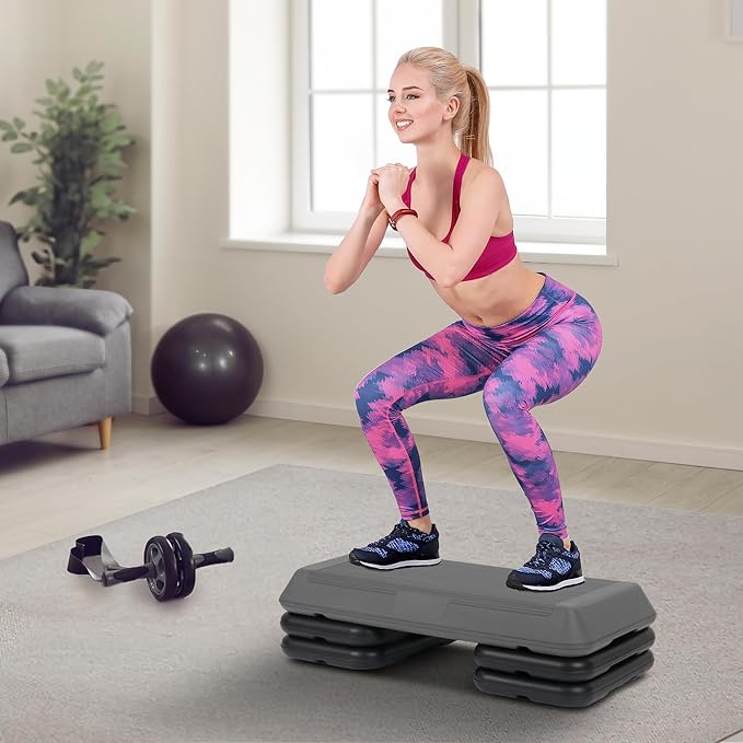 F2C 28.5" Aerobics Platform for Total Body Fitness 4" - 6" - 8" Height Adjustable with 4 Risers Home Workout Exercise Stepper Black/Gray