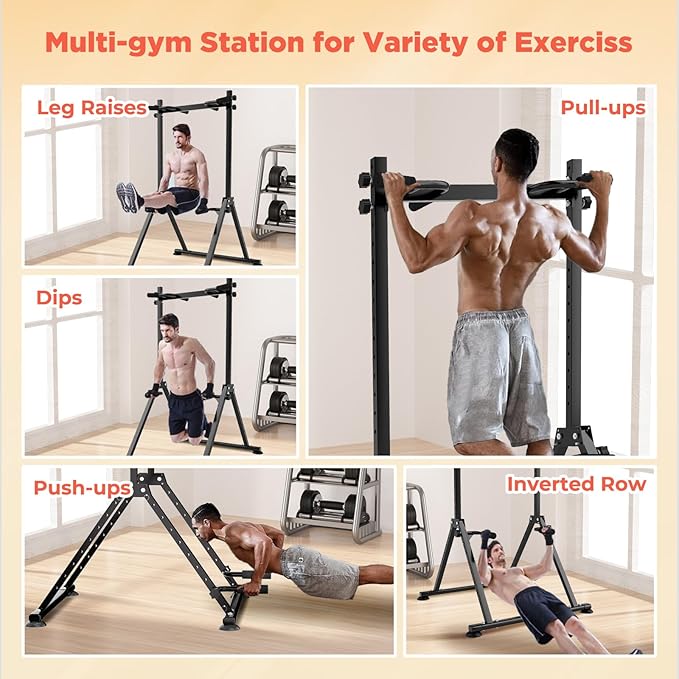 Foldable Power Tower Dip Station Pull Up Bar, Multifunction Triangular Structure Pull Up Station Home Gym Strength Training Workout Equipment