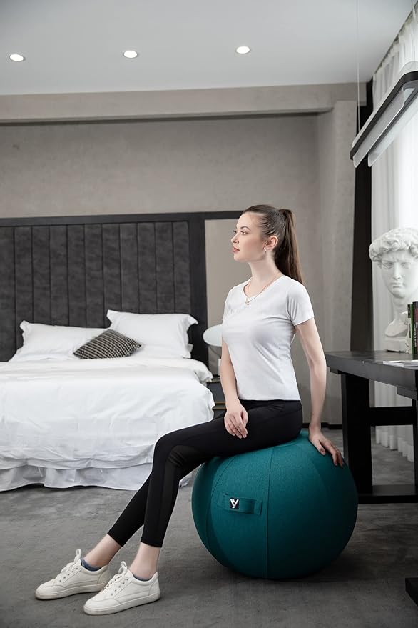 Sitting Ball Chair for Office and Home, Pilates Exercise Yoga Ball with Cover for Balance, Stability and Fitness, Ergonomic Posture Exercise Ball Seat with Handle and Pump