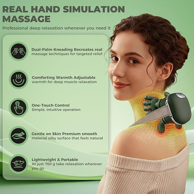 Shoulder & Neck Massager with Heat, 4D Bionic Heated Neck Massager with Fingers Simulates a Real Palm Massage for Comfort, 3 Intensity Levels + 2 Heat Settings Relax Muscle Tension