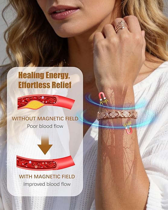 Copper Bracelet & Ring for Women, Ultra Strength Magnetic Bracelet with 3800 Gauss Magnets, Four-Leaf Clover & Infinity Heart Symbol & Crystal, Adjustable Tools and Jewelry Gift Box