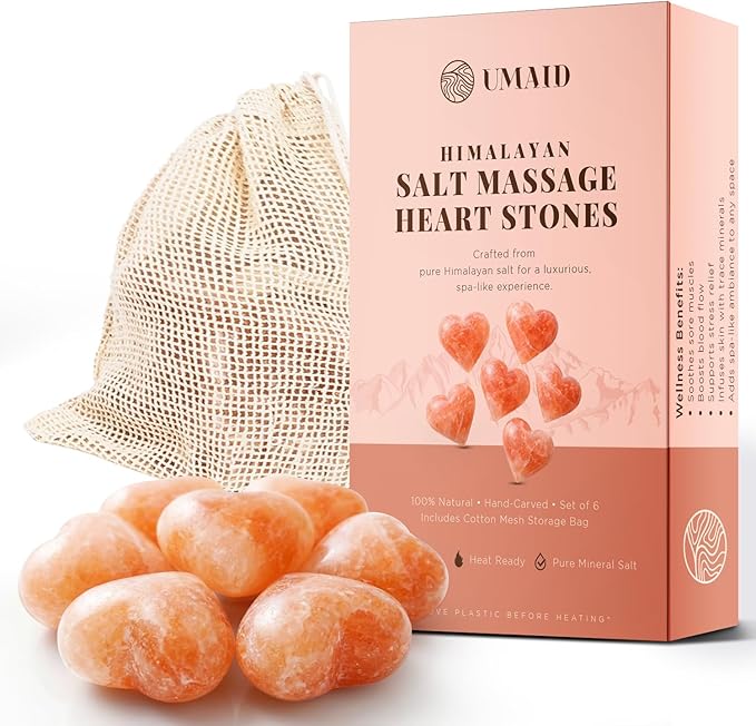 UMAID Himalayan Salt Massage Stones Heart Shape 6 Pack with Cotton Storage Bag – Natural Deodorant, Massage Stones, Hot & Cold Therapy, Muscle Relief, Spa Use